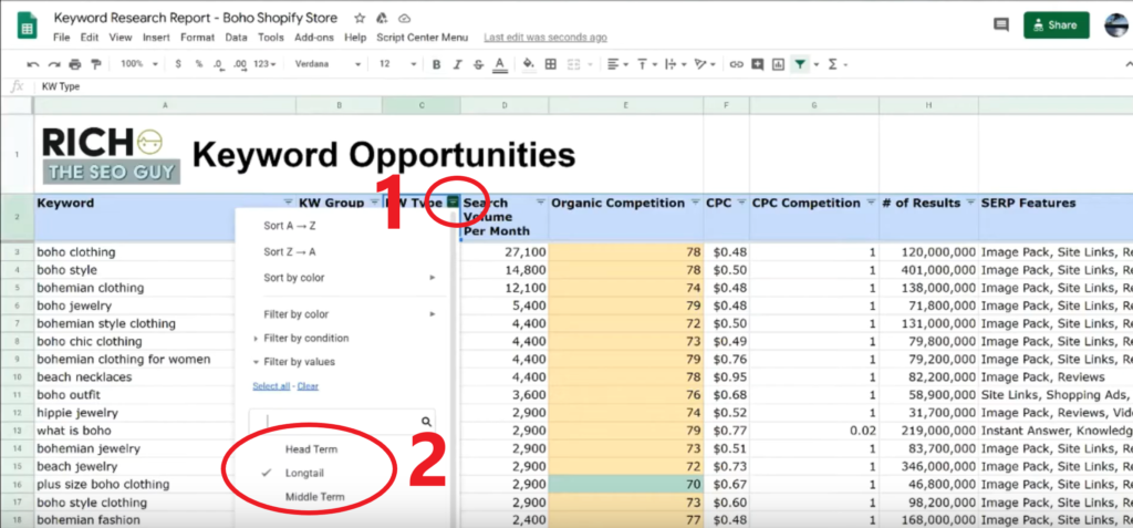 Keyword research report with steps to filter for longtail keywords
